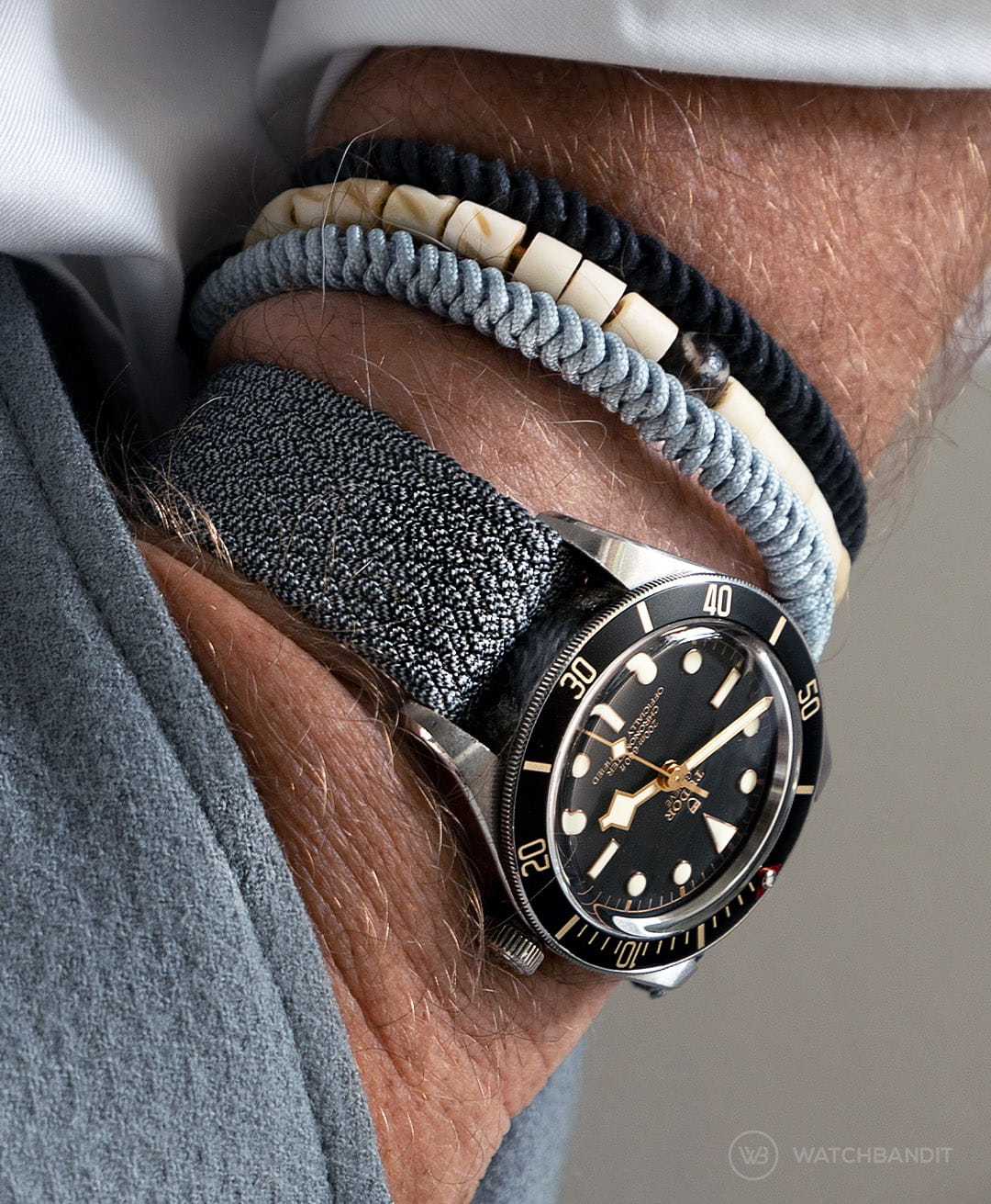 Tudor BlackBay black dial grey perlon strap WB pocket shot