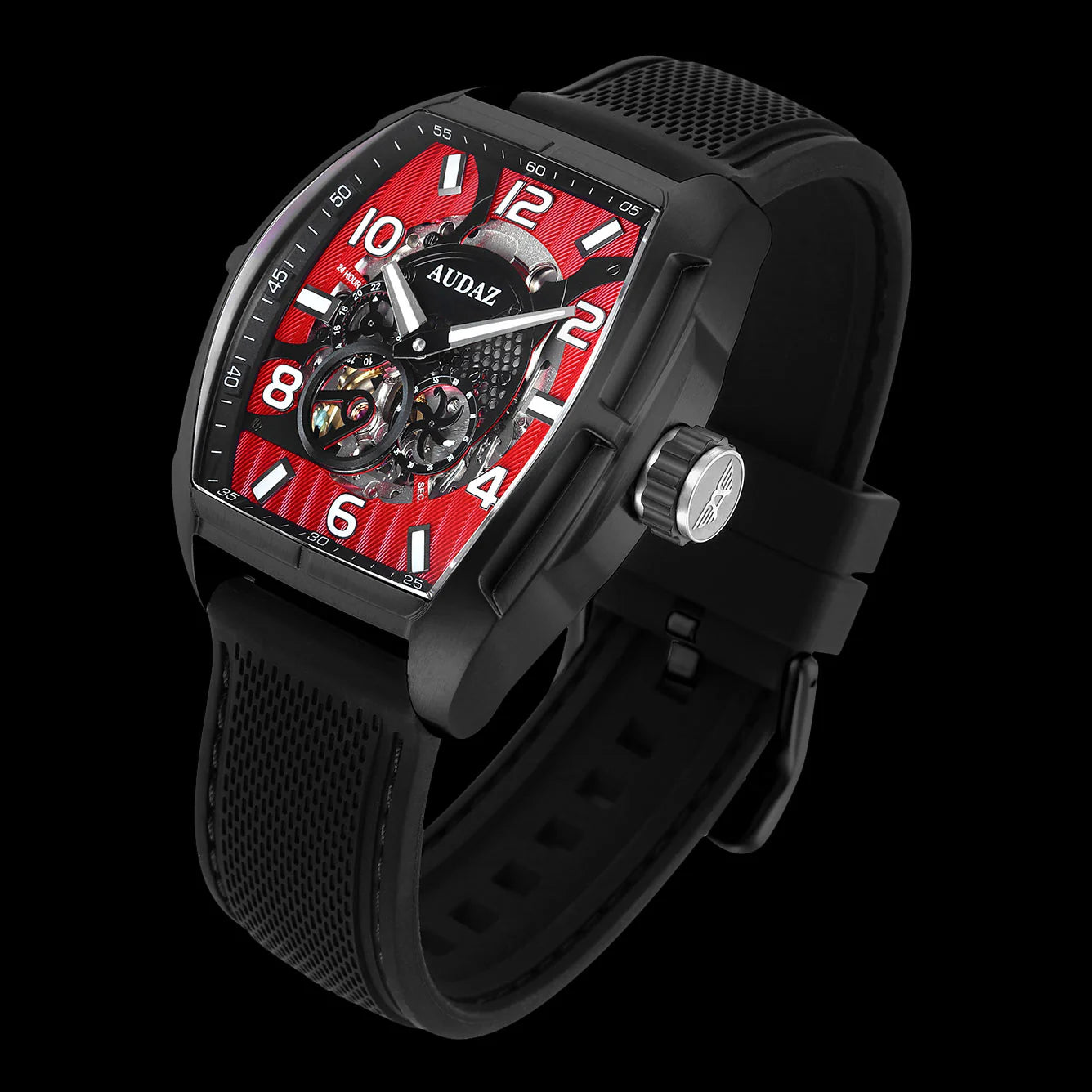 Audaz black and red watch with skeletonized visible movement