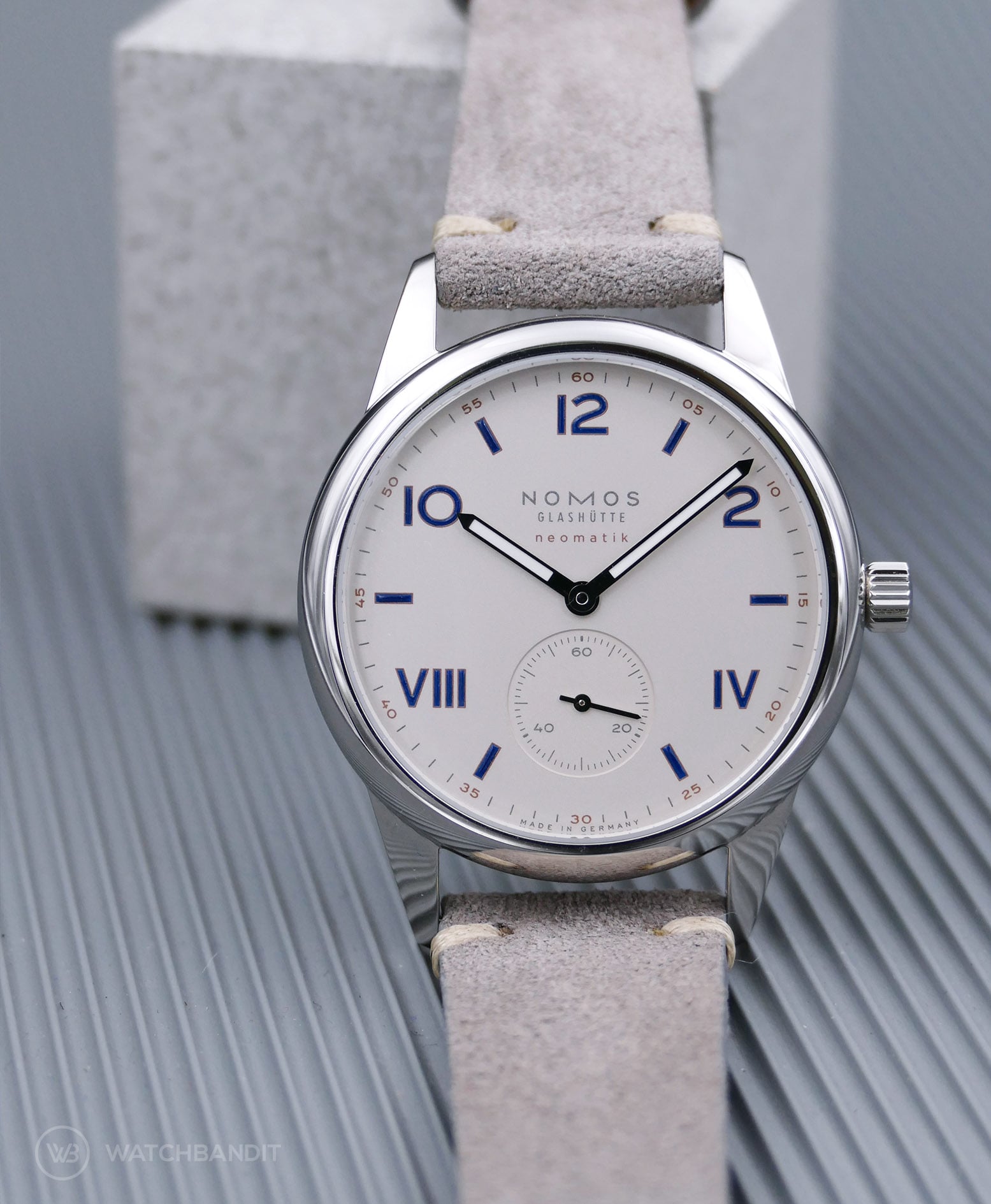 NOMOS Club Campus grey suede strap watchbandit