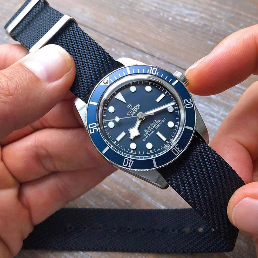 Premium Adjustable Single-Pass Nylon watch Strap – Black-Blue-tudor black bay blue