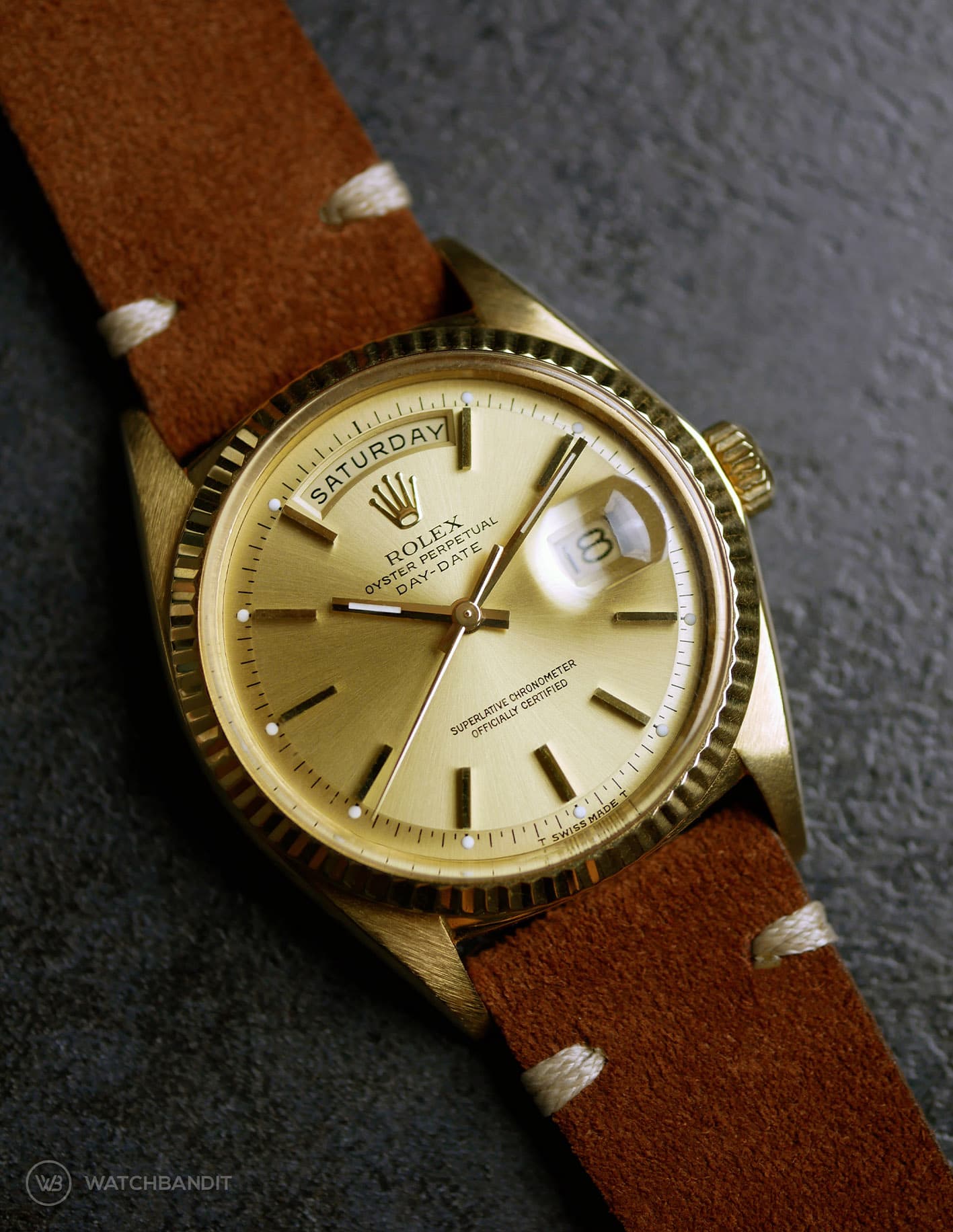 Rolex Day-Date on Watchbandit brown vintage suede leather strap