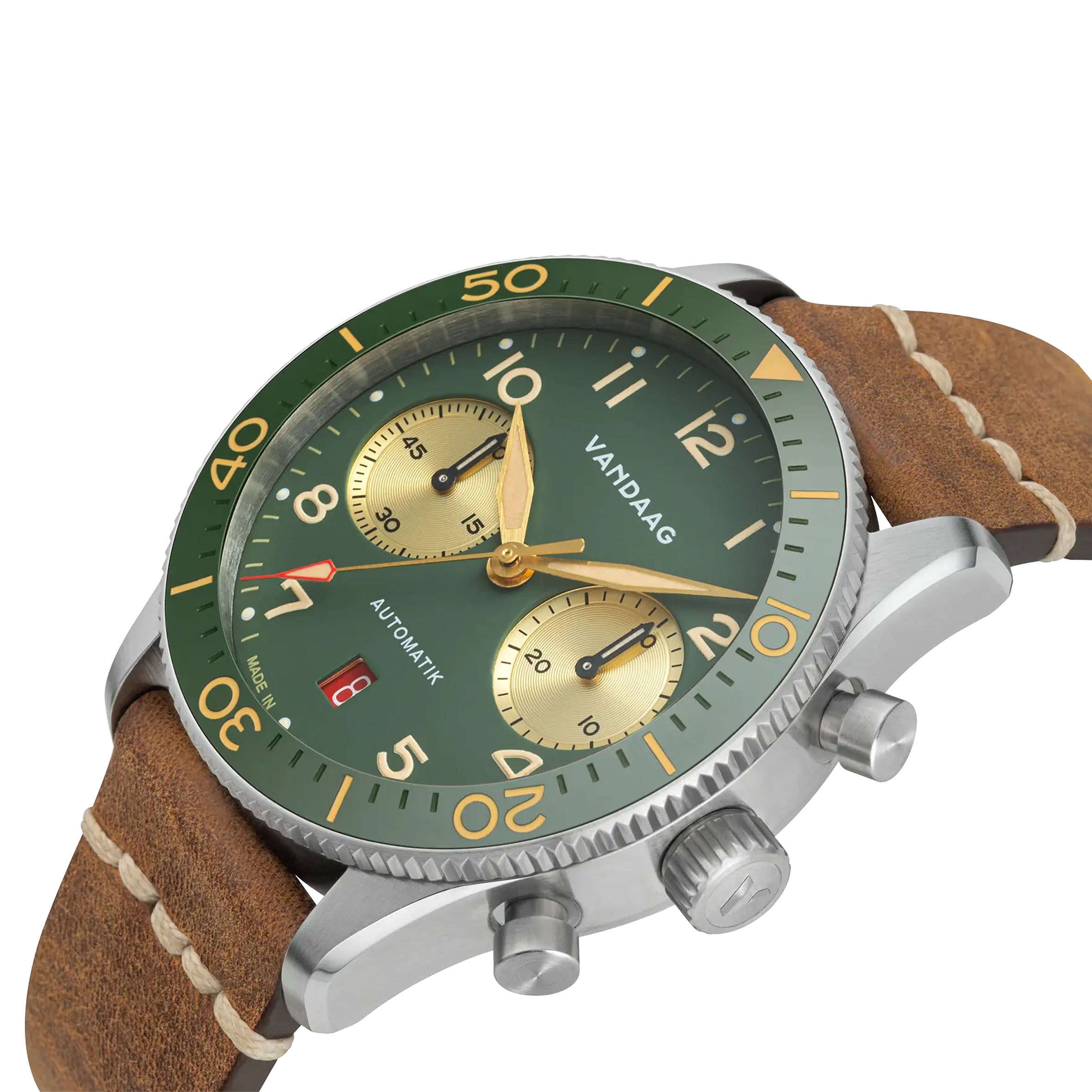 Vandaag - Schallmauer Automatik - Gold-Harmonie - Tweede Pelle Leather Strap Light Brown with White Stitching - close up