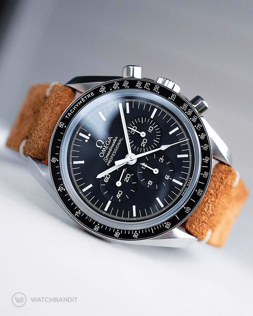 Omega Speedmaster on golden brown Suede Strap by WatchBandit