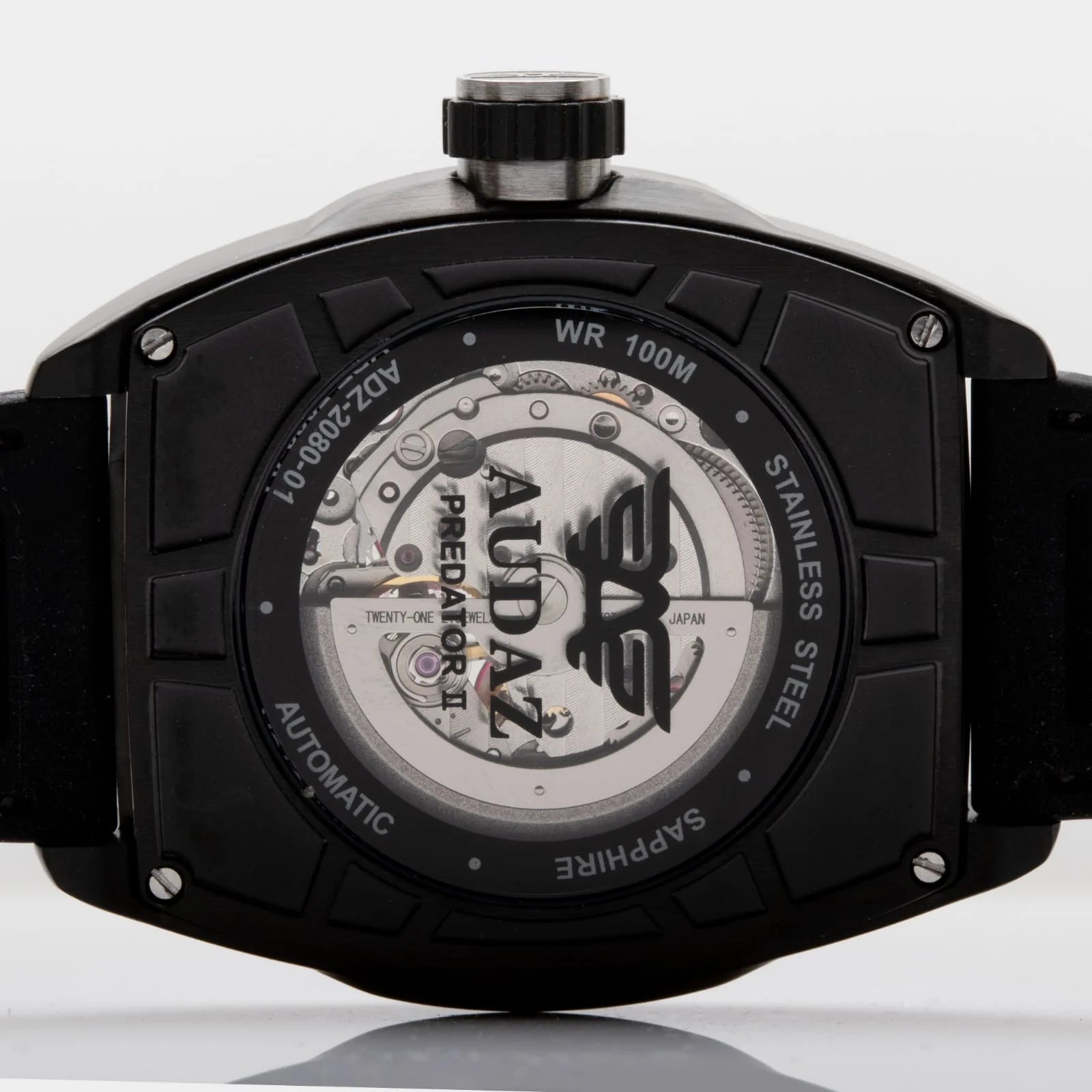 Audaz black watch case back with visible movement