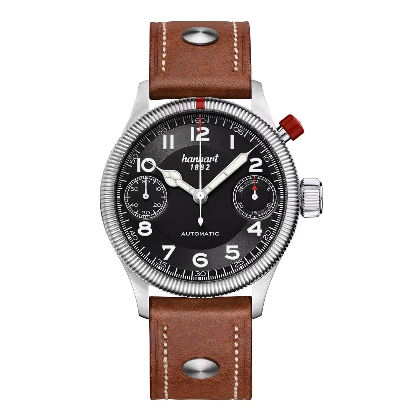 hanhart-pioneer-monoscope-black-fluted-bezel-45-mm-light-brown-leather