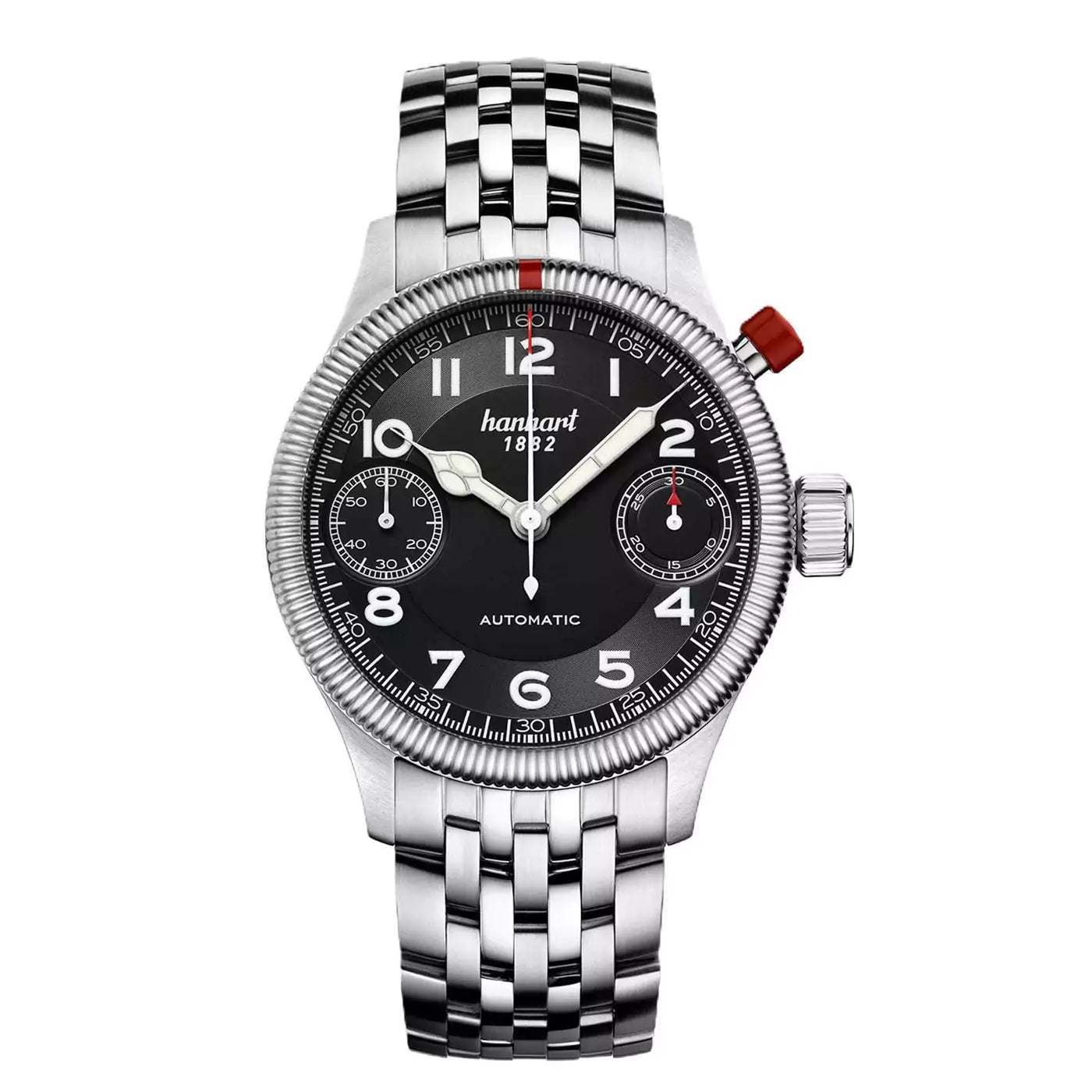hanhart-pioneer-monoscope-black-fluted-bezel-45-mm-stainless-bracelet