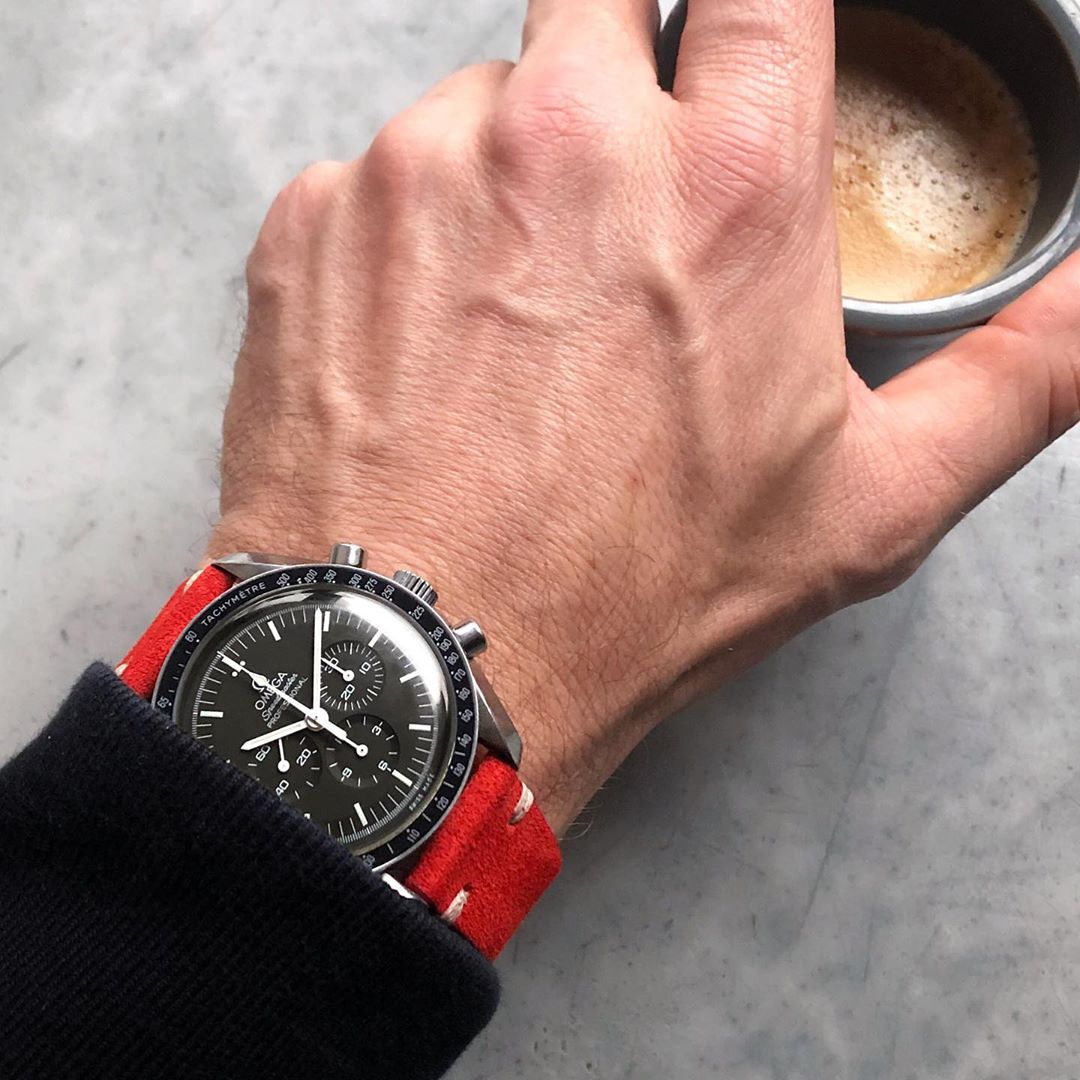 omega speedmaster on red watchbandit suede suede by rolopalooza