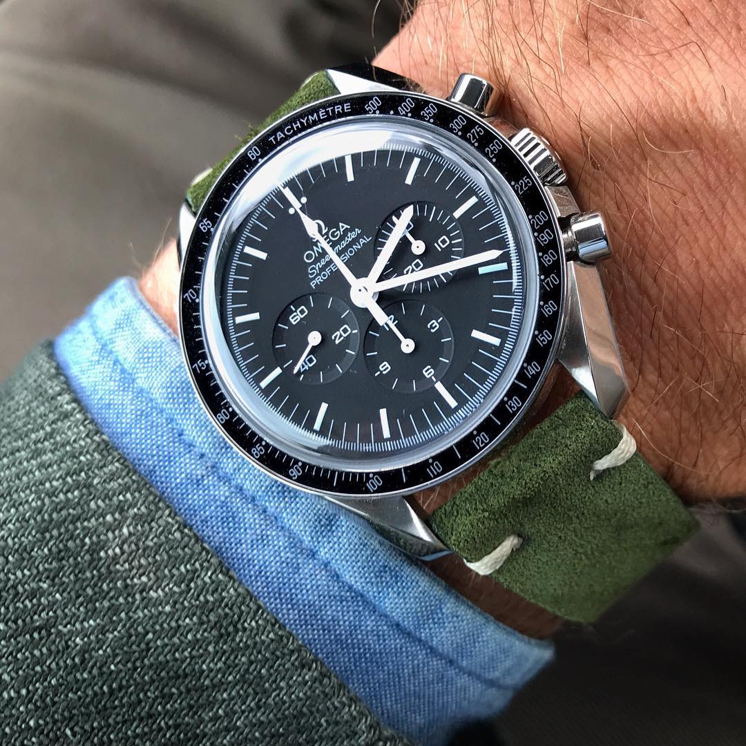 omega speedmaster watchbandit suede strap green