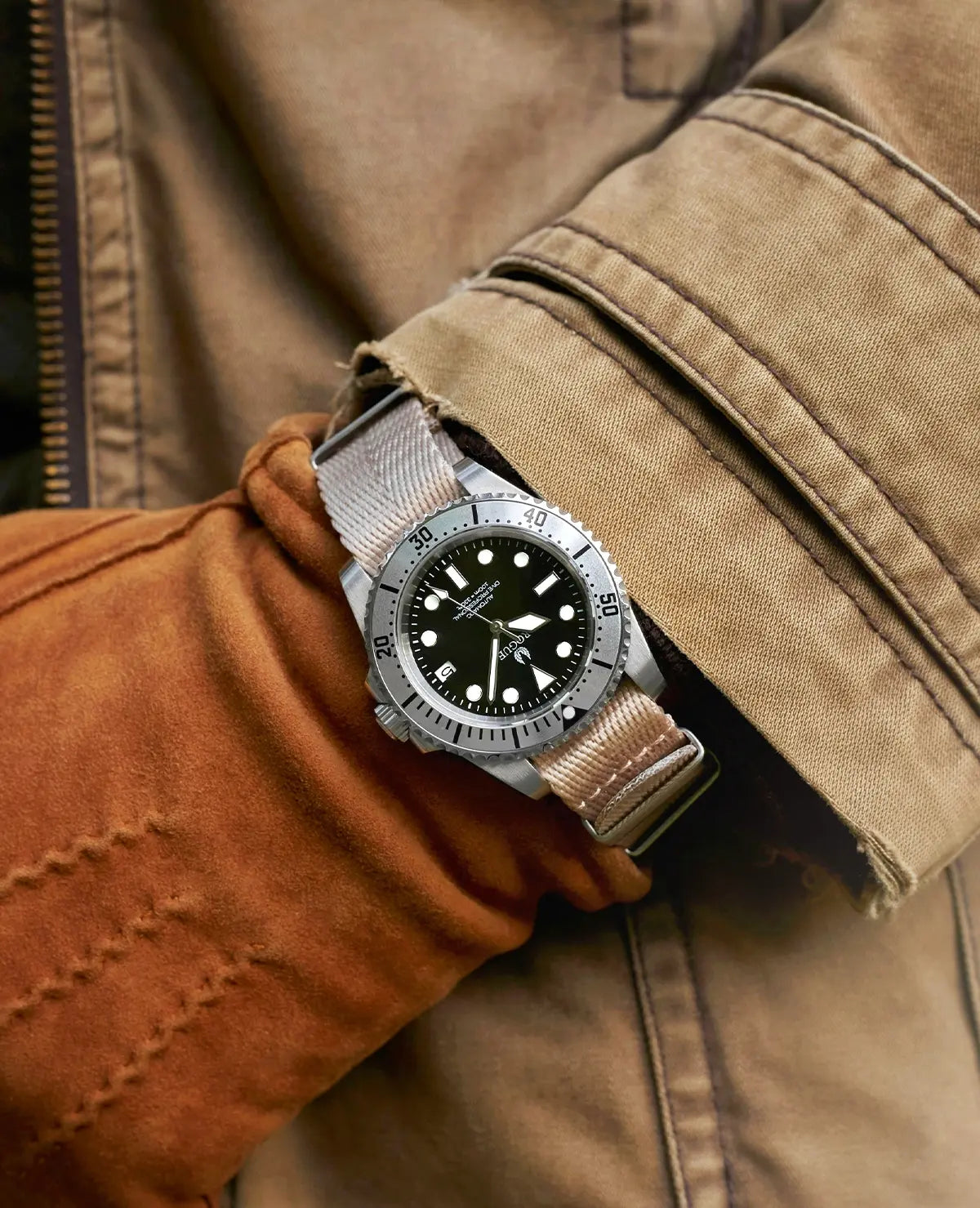 watchbandit-herringbone-nylon-watch-strap-beige with canvas jacket style