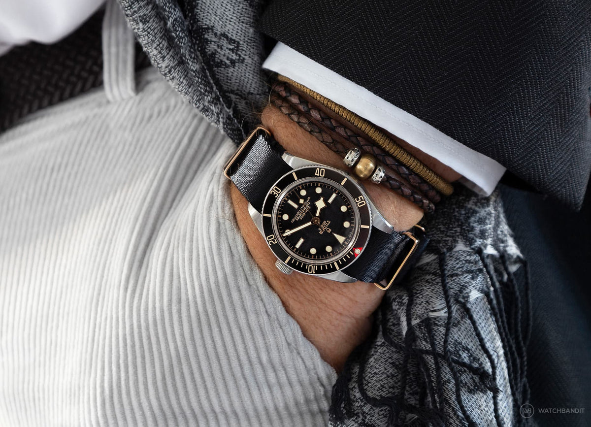 Tudor Black Bay 58 Pocket Shot on black rose gold NATO strap by Watchbandit