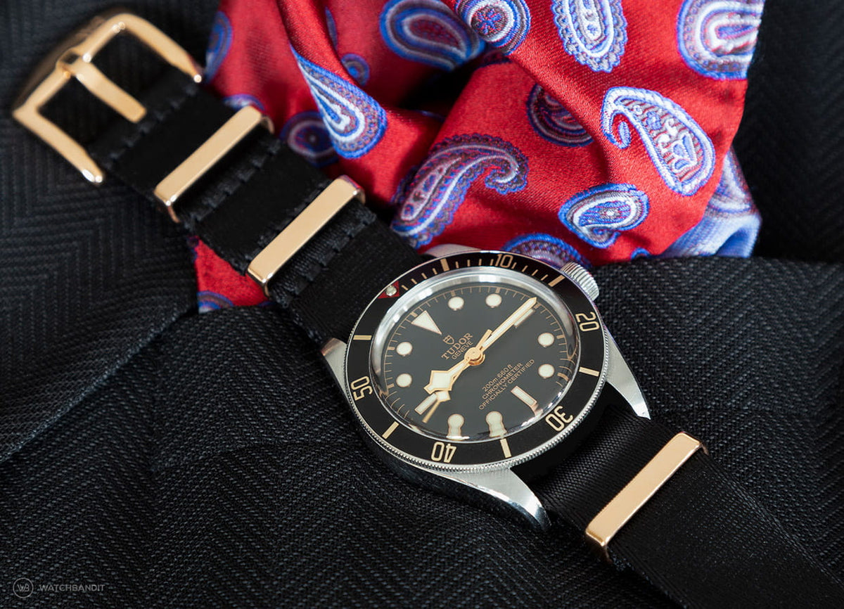 Tudor Black Bay rose gold Nato strap black