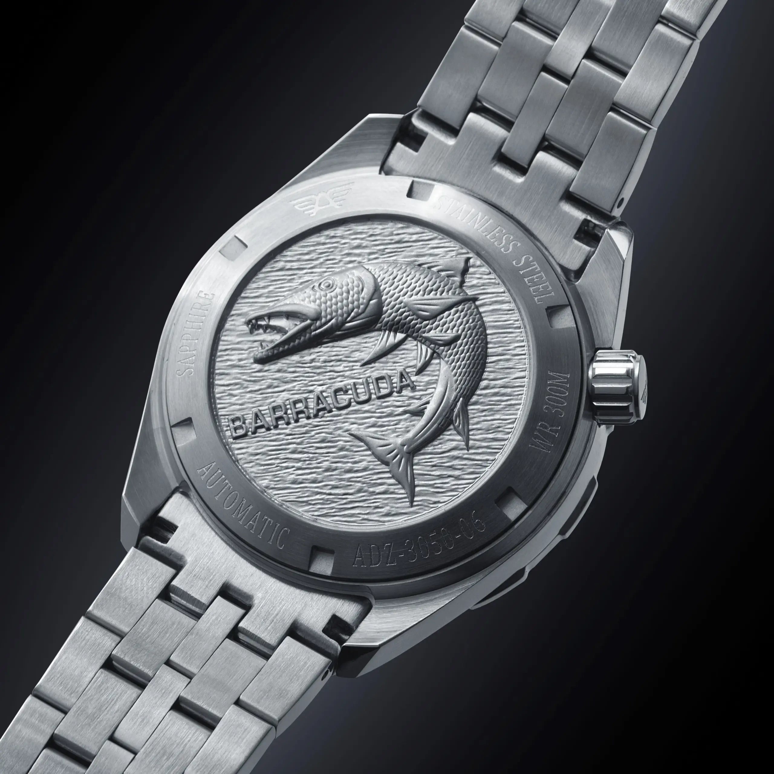 Audaz case back steel watch with barracuda engraving