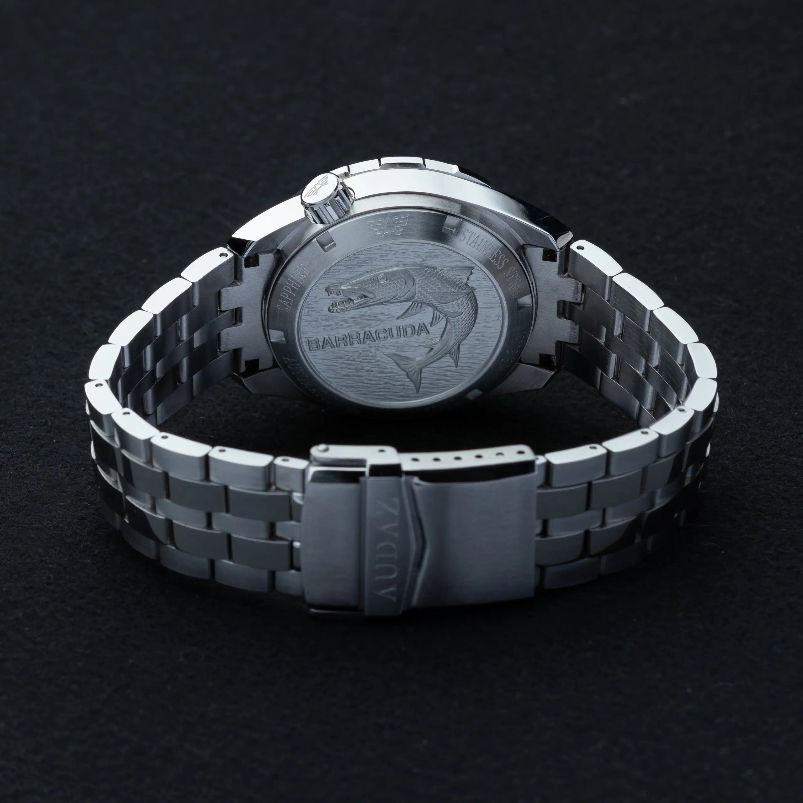 Audaz case back steel watch with barracuda engraving