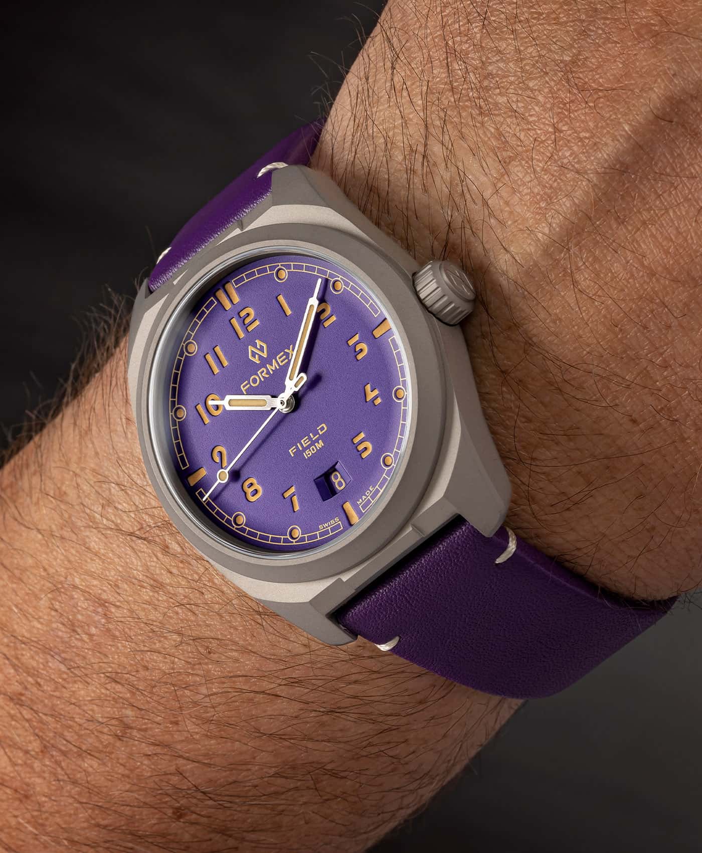 Formex - Field Automatic - Ultra Violet 41 - Deployant Violet Bolgheri Leather Strap - Wrist Shot 7.25 wrist