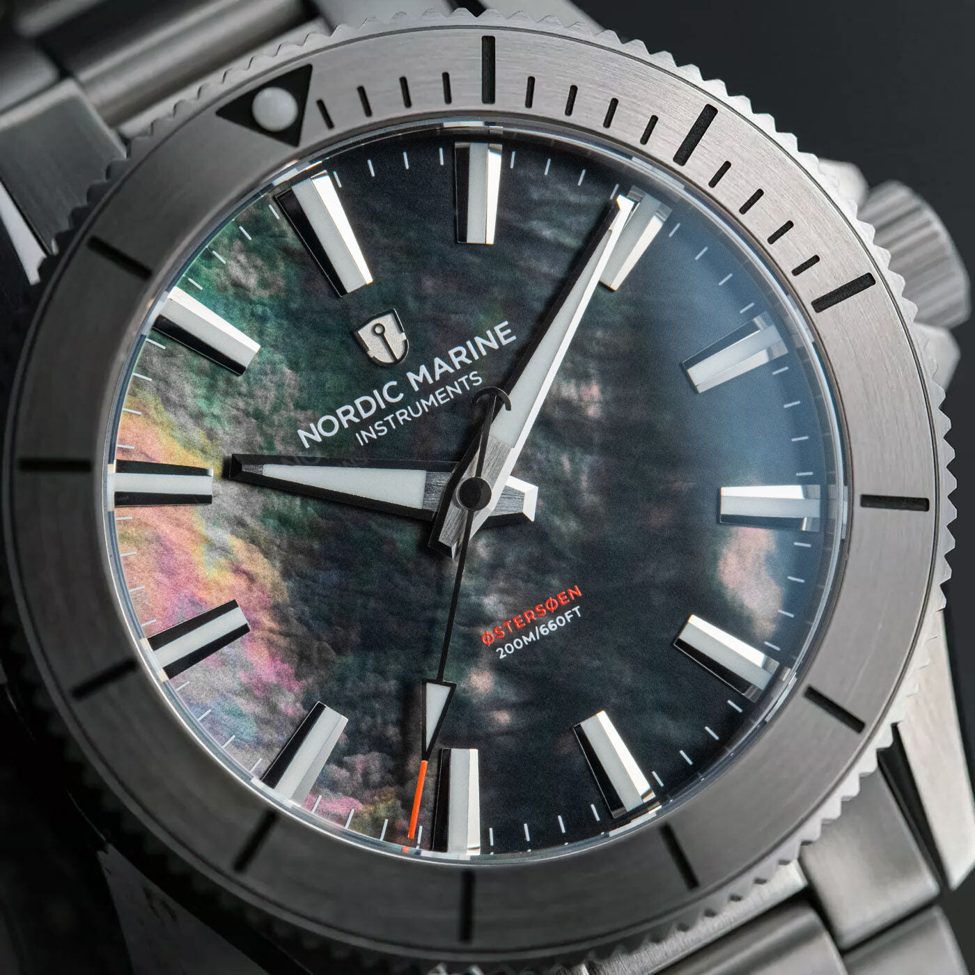 Nordic Marine Instruments watch with natural colorful mother-of-pearl dial close up