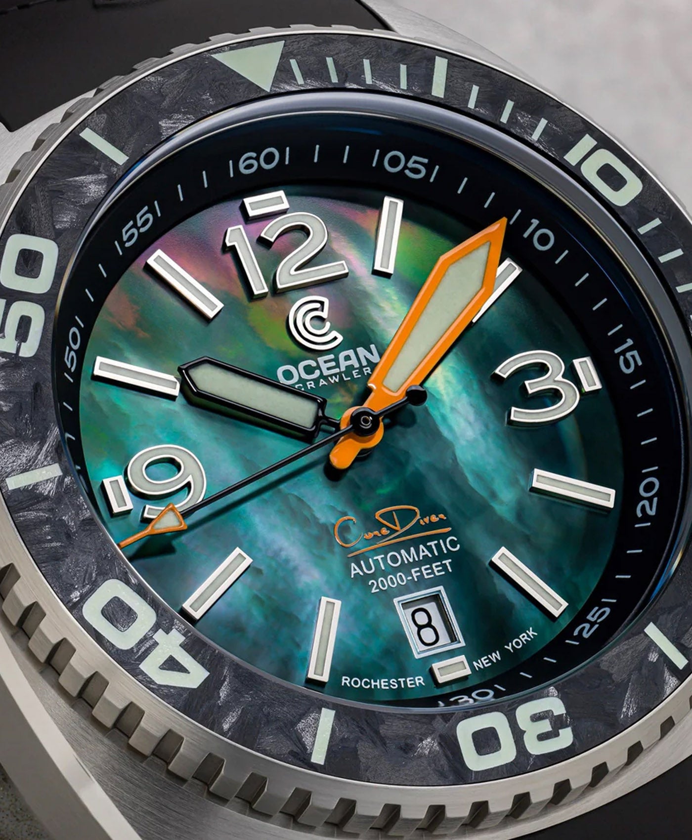 Ocean Crawler Core Diver - Black Mother of Pearl - Carbon Fiber Bezel - dial close up