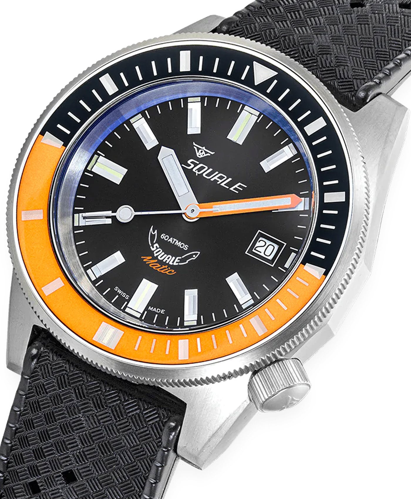 Squale - Matic - Black Orange - 60 ATM - Rubber Strap-close up-min
