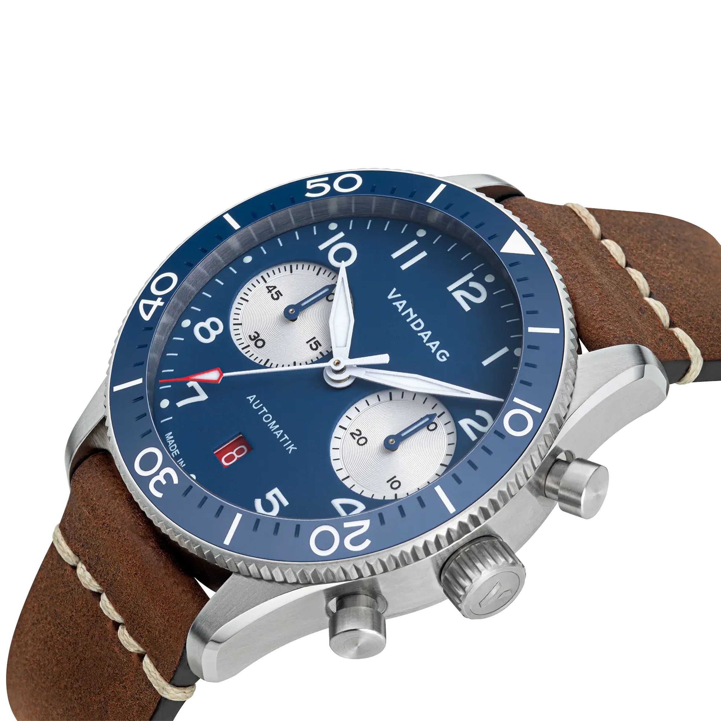 Vandaag - Schallmauer Automatik - Reverse Panda Blue - Tweede Pelle Leather Strap - close up