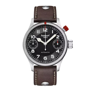 Hanhart - PIONEER MonoScope - Black - Fluted Bezel - 45 mm - Dark Brown Leather