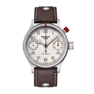 Hanhart - PIONEER MonoScope - Silver - Fluted Bezel - 45 mm - Dark Brown Leather
