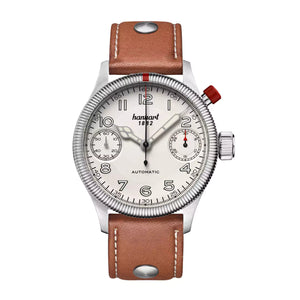 Hanhart - PIONEER MonoScope - Silver - Fluted Bezel - 45 mm - Light Brown Leather