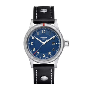 Hanhart - PIONEER One - Blue - 42 mm - Black Leather with Rivet