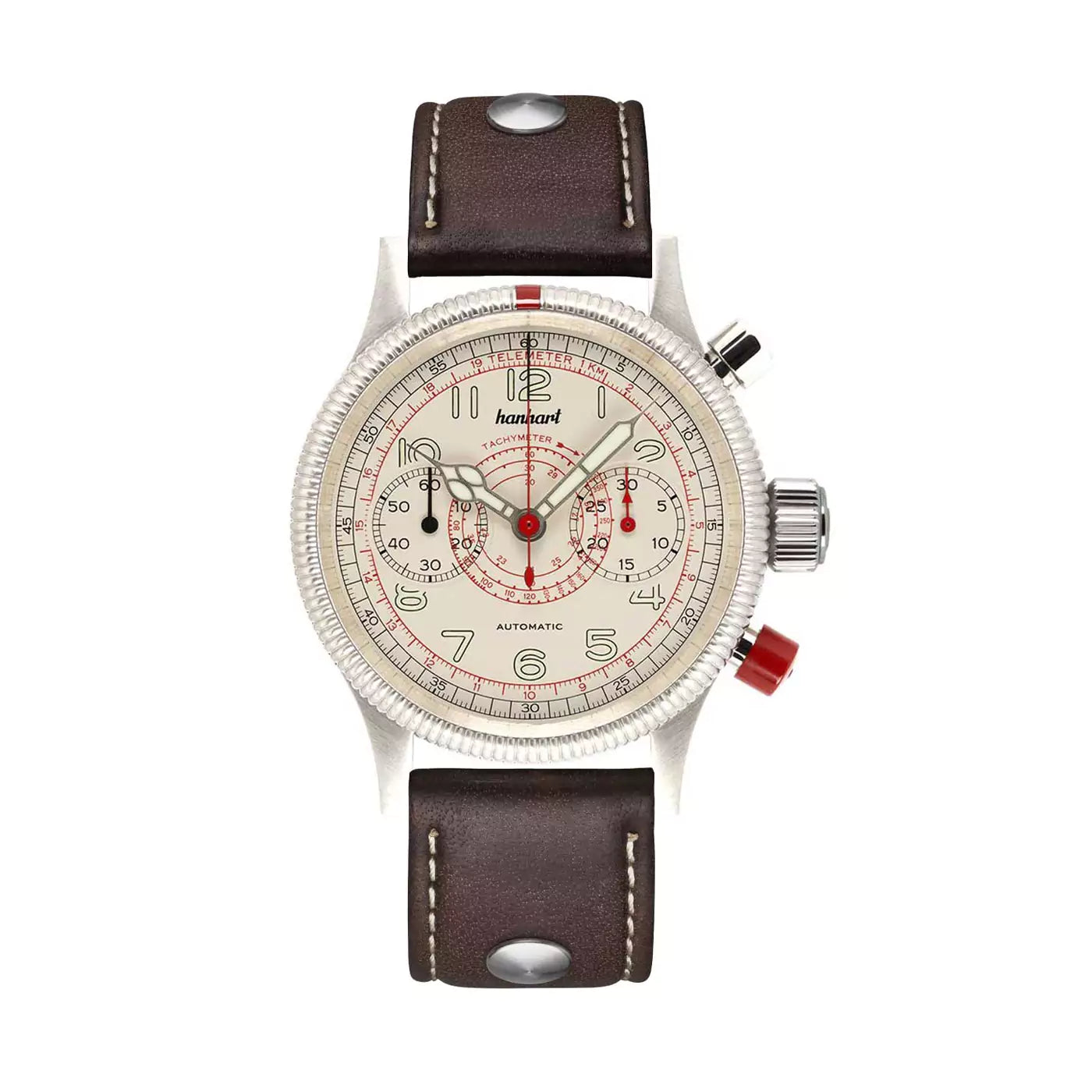 hanhart-pioneer-tachytele-antique-white-40-mm-dark brown leather