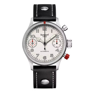 Hanhart - PIONEER TwinDicator - Antique White - Fluted Bezel - 45 mm - Black Leather