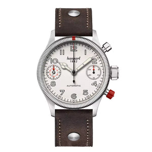 Hanhart - PIONEER TwinDicator - Antique White - Fluted Bezel - 45 mm - Dark Brown Leather
