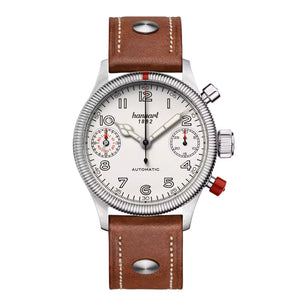Hanhart - PIONEER TwinDicator - Antique White - Fluted Bezel - 45 mm - Light Brown Leather