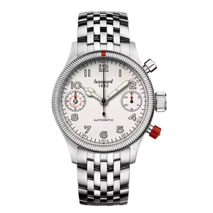 Hanhart - PIONEER TwinDicator - Antique White - Fluted Bezel - 45 mm - Stainless Steel Bracelet