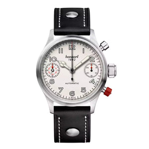 Hanhart - PIONEER TwinDicator - Antique White - Smooth Bezel - 45 mm - Black Leather