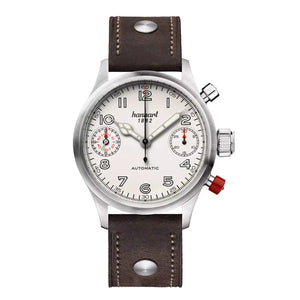 Hanhart - PIONEER TwinDicator - Antique White - Smooth Bezel - 45 mm - Dark Brown Leather