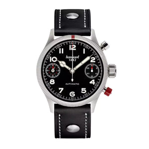 Hanhart - PIONEER TwinDicator - Black - Fluted Bezel - 45 mm - Black Leather
