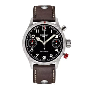 Hanhart - PIONEER TwinDicator - Black - Fluted Bezel - 45 mm - Dark Brown Leather