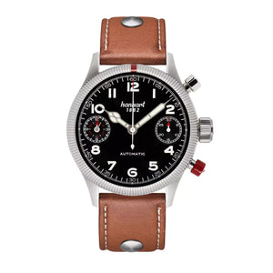 Hanhart - PIONEER TwinDicator - Black - Fluted Bezel - 45 mm - Light Brown Leather