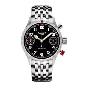 Hanhart - PIONEER TwinDicator - Black - Fluted Bezel - 45 mm - Stainless Steel Bracelet