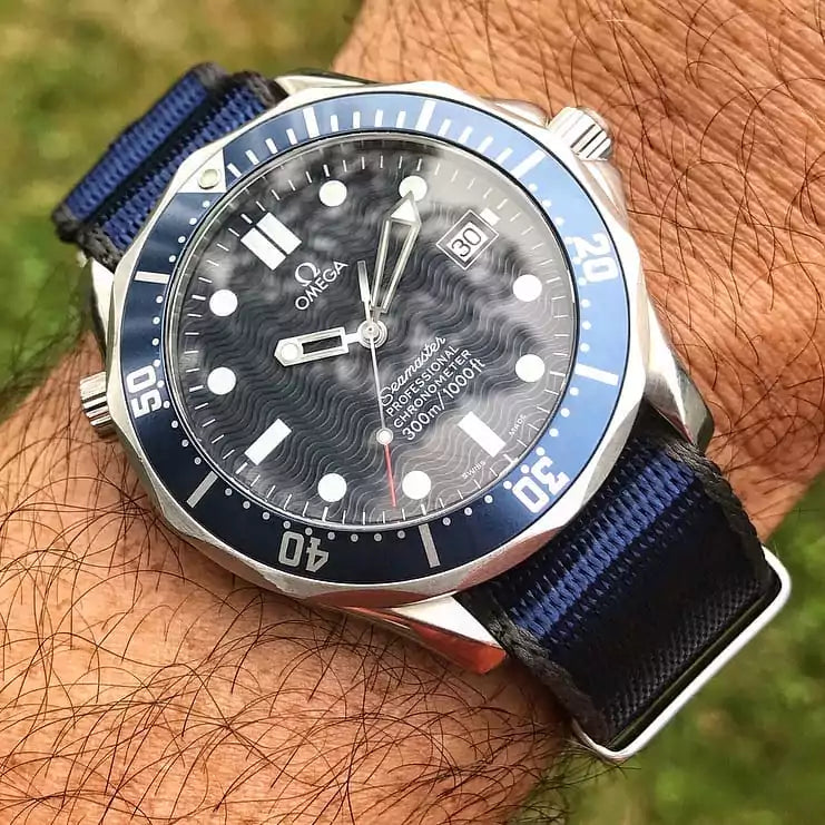 omega-seamaster-paired-with-single-piece-nylon-strap-blue-