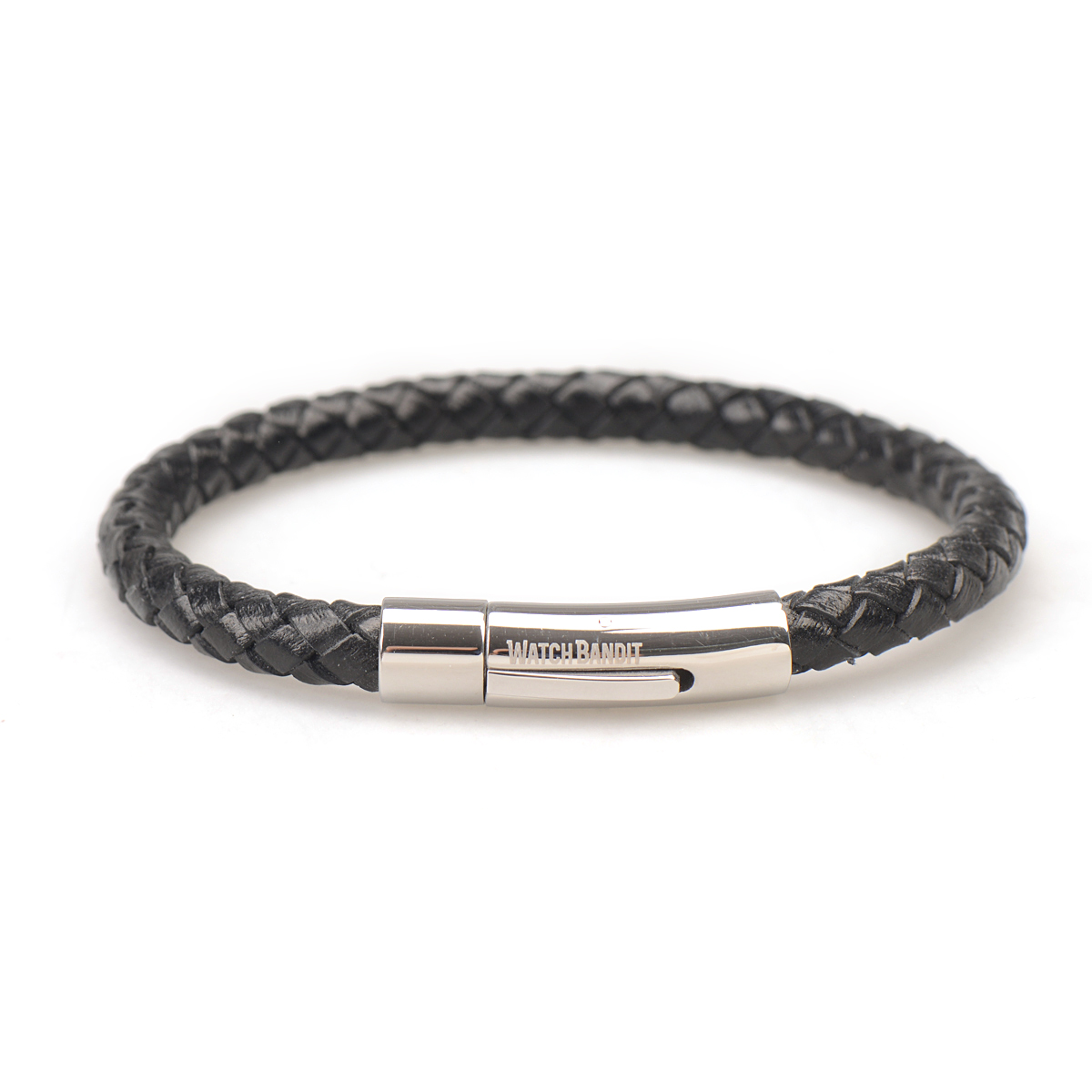 Black Braided Leather Bracelet | Polished Push Button Clasp - WatchBandit