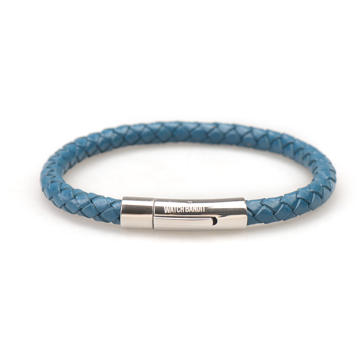 Blue Braided Leather Bracelet | Polished Push Button Clasp - WatchBandit