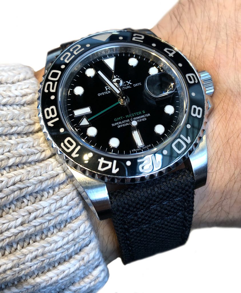 Rolex GMT Master II 116710LN on black Canvas strap Eulit