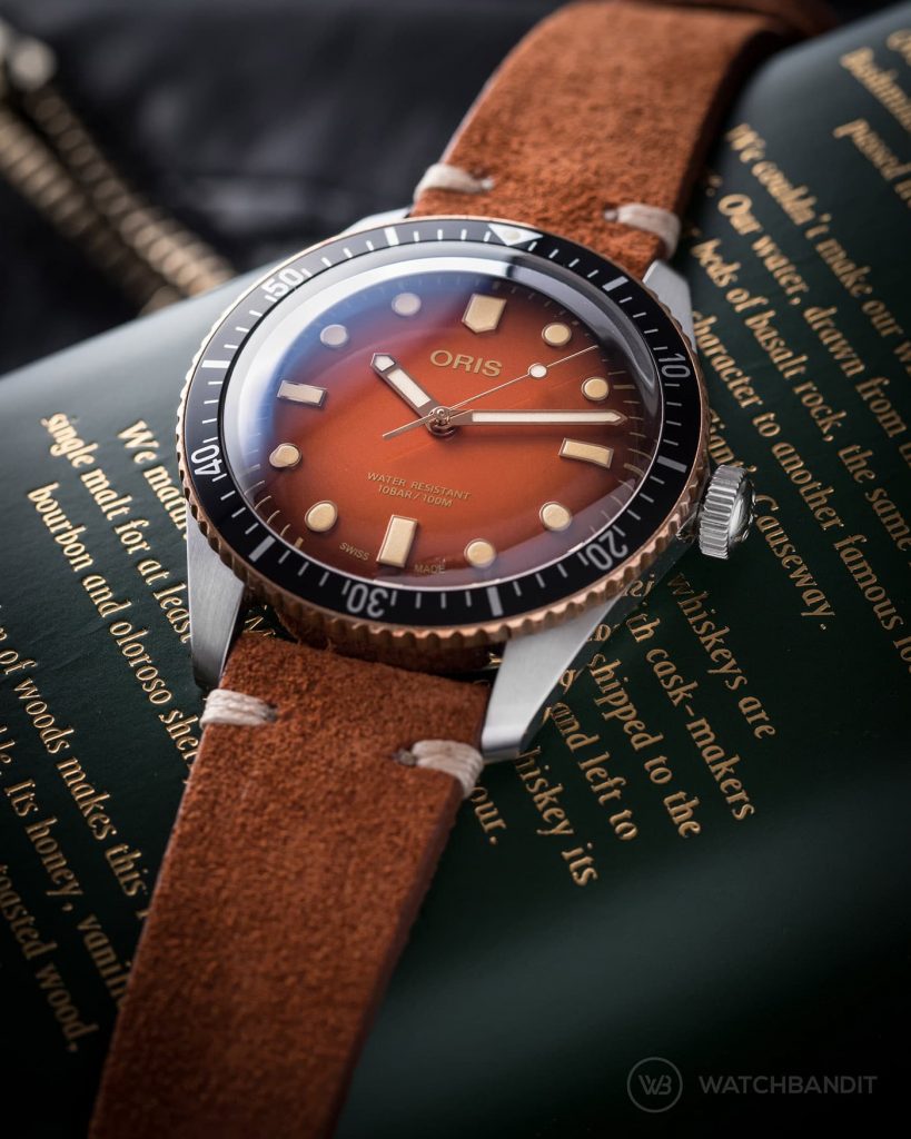 Oris Diver 65 rusty brown suede strap by watchbandit