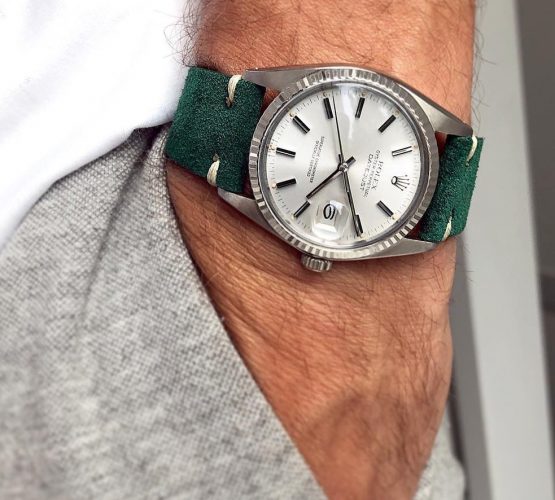 rolex datejust 16014 watchbandit suede strap green