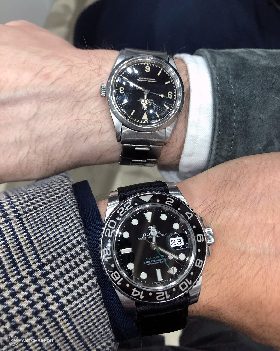 Stephen Pulvirent personal Rolex Explorer 1016 and a Rolex GMT Master 116710LN on WB Original two piece Nato