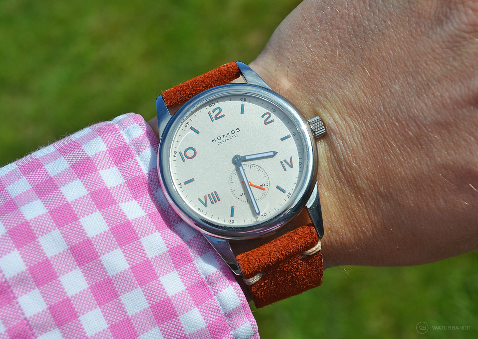 NOMOS Club Campus with rusty brown suede strap wristshot by WB Original