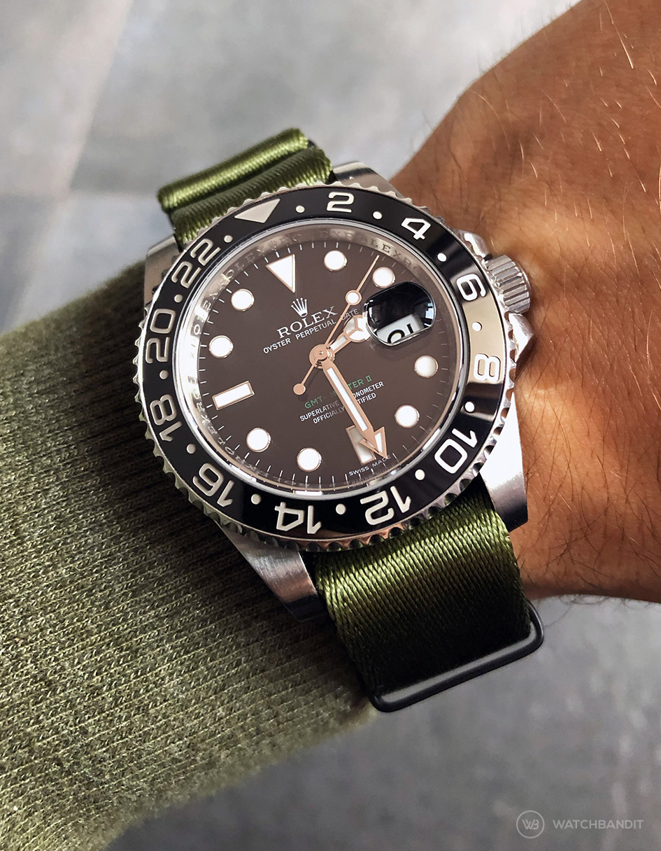 Rolex GMT Master II on green #wristporn 1.2 mm NATO strap by Watchbandit