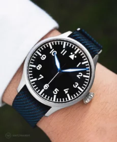 Stowa watch with blue black Watchbandit single pass nylin strap