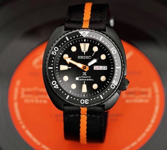 Seiko Turtle PVD Black Orange two piece NATO strap by @tempusx