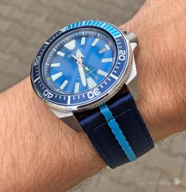 Seiko Prospex Blue Lagoon on Blue Sky Blue two piece NATO Strap by Watchbandit on