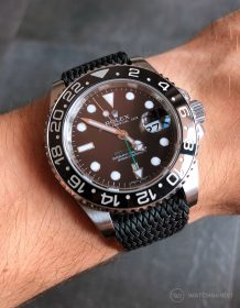 Rolex GMT-Master II 116710LN on black perlon strap by WatchBandit